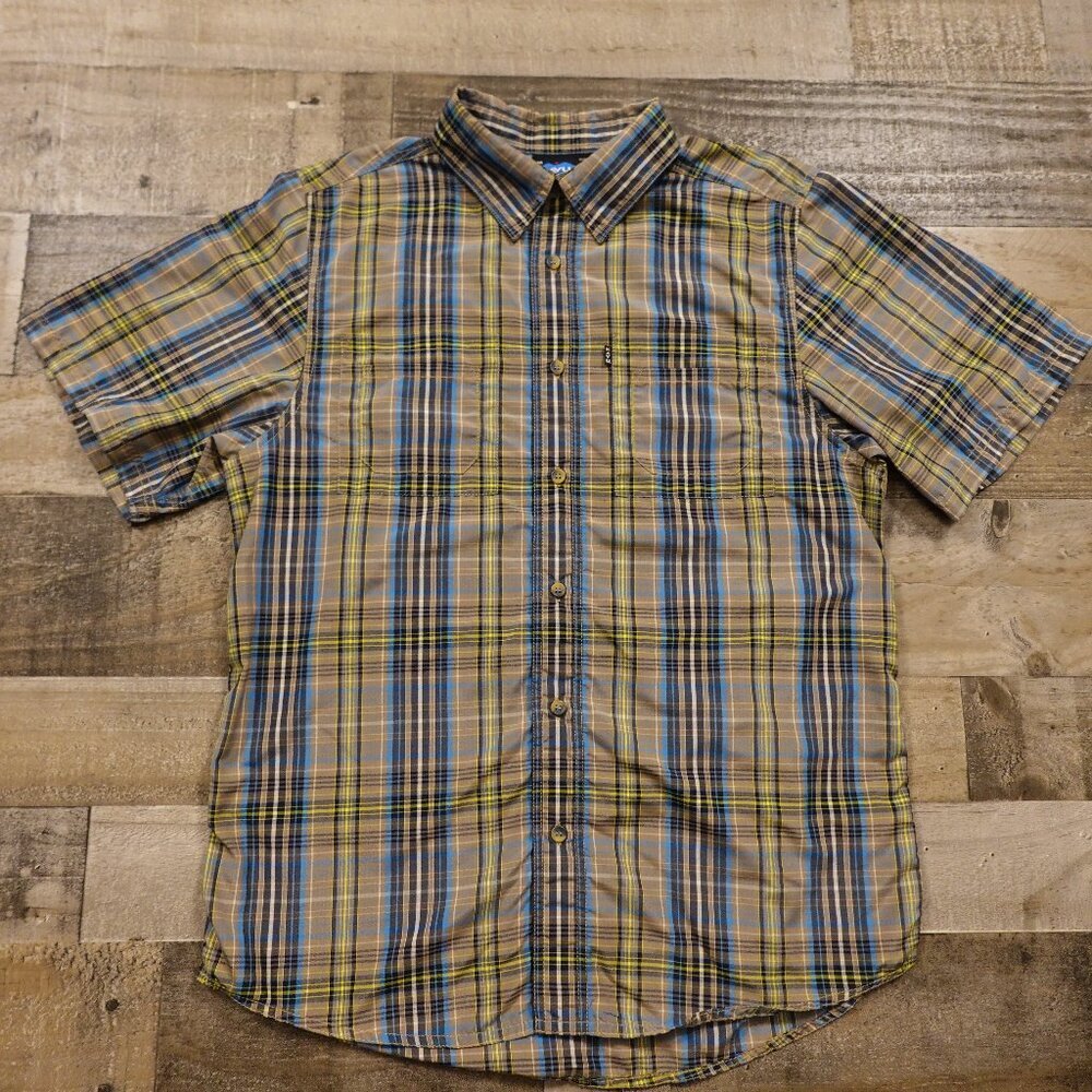 Kavu plaid shirt men's medium button down yellow tan blue